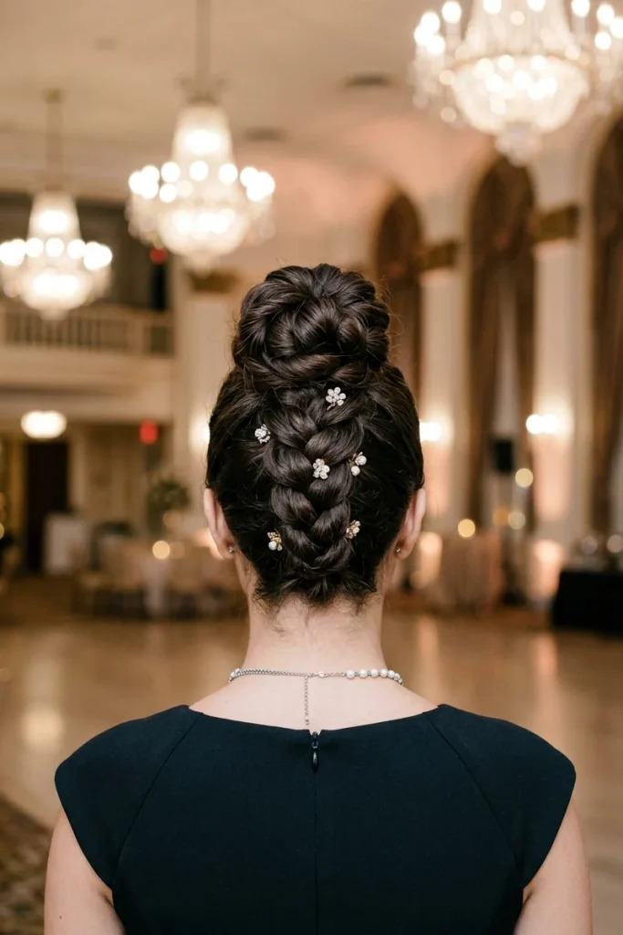 Statement braided updo with jeweled pins, back view, glamorous black-tie gala venue