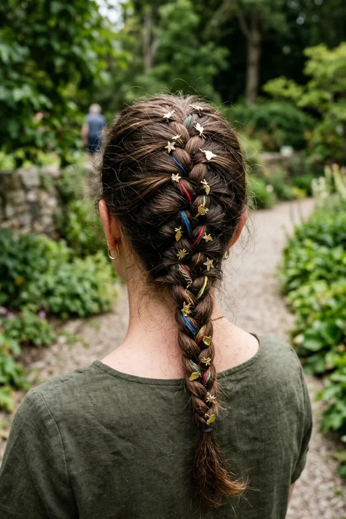 French braid decorated with hair clips and ribbon