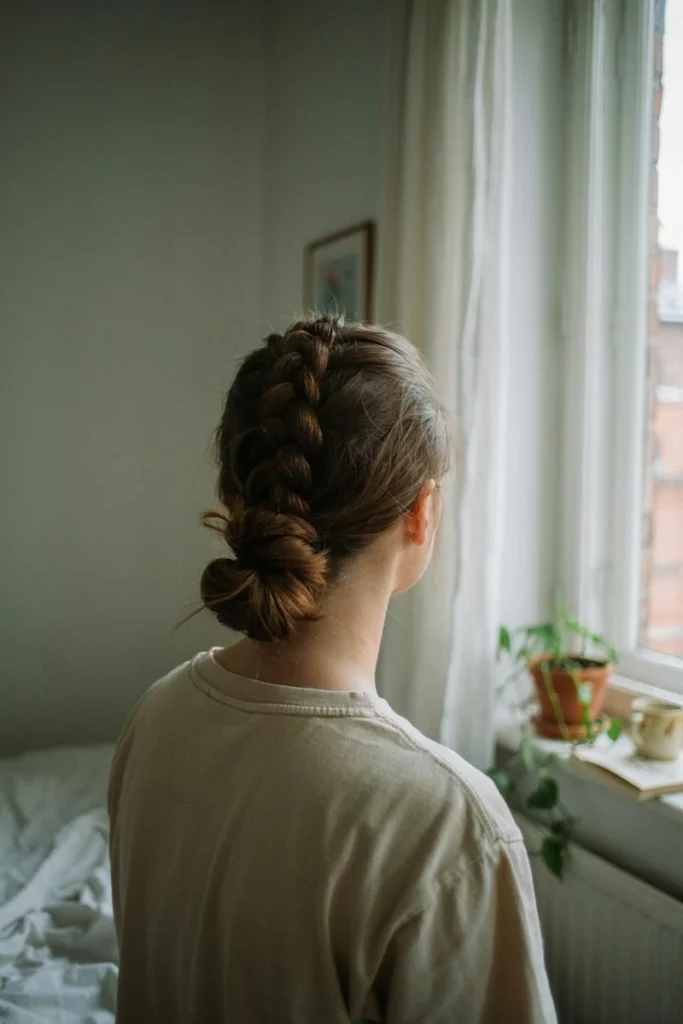 French braid coiled into a bun at the nape
