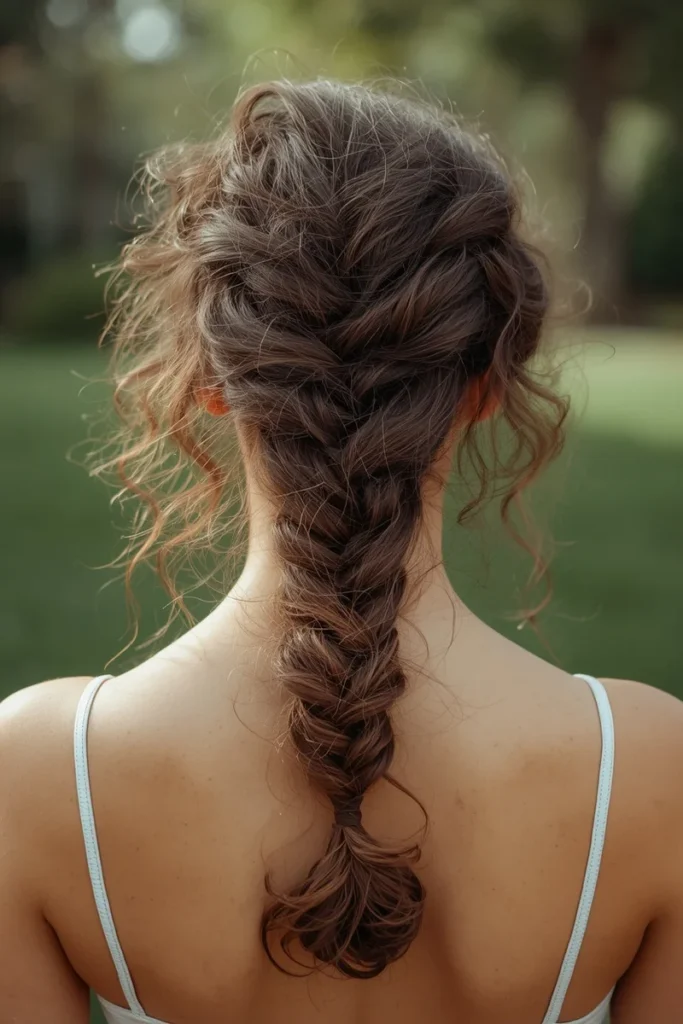 French braid styled through natural curly hair