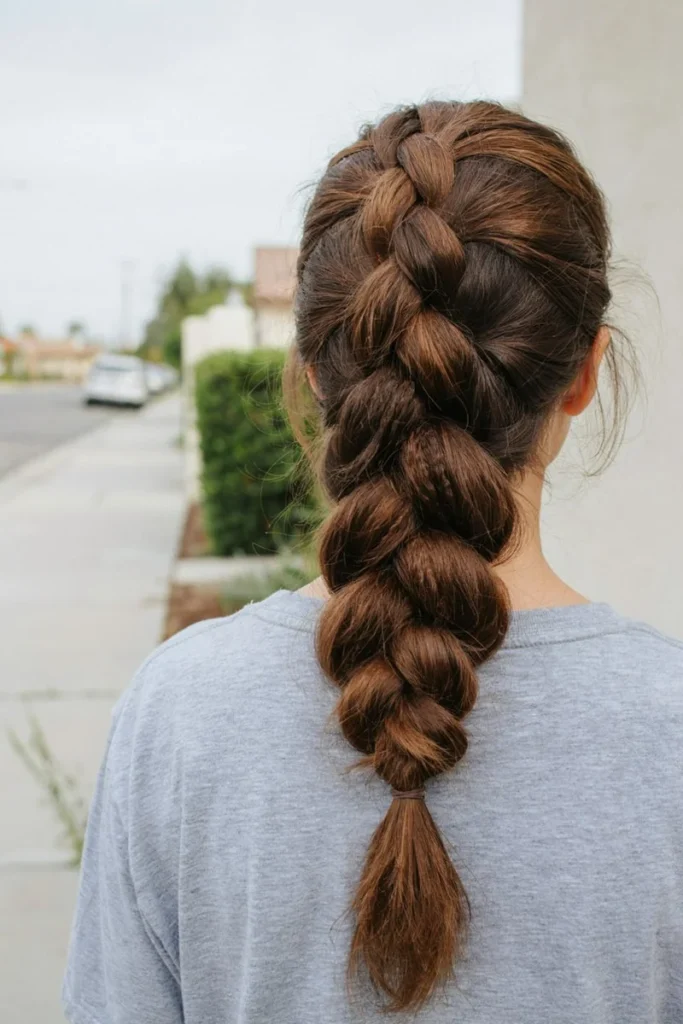 Loosened, voluminous French braid pulled into a ponytail