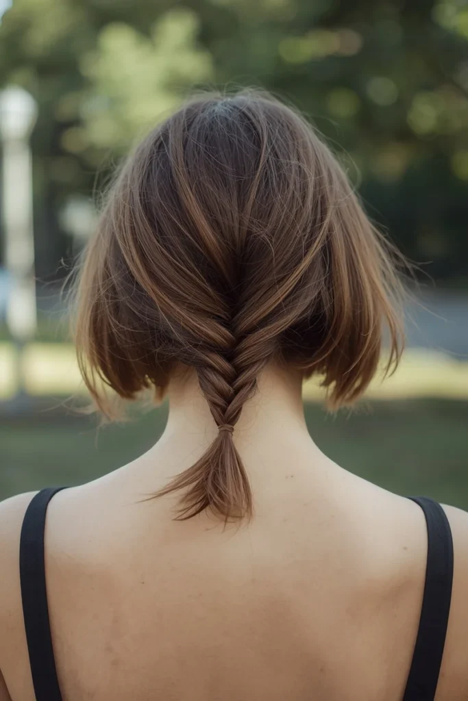 Short French braid styled on bob-length hair