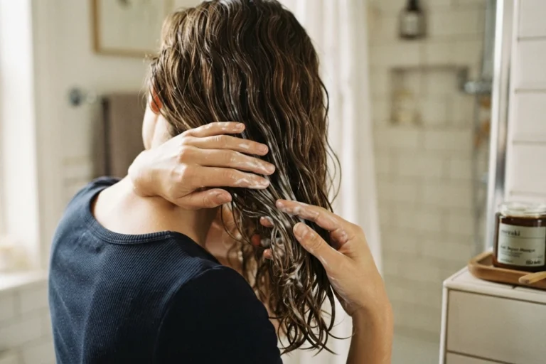 Woman applying a hair mask to wet wavy hair at home, privacy-friendly view