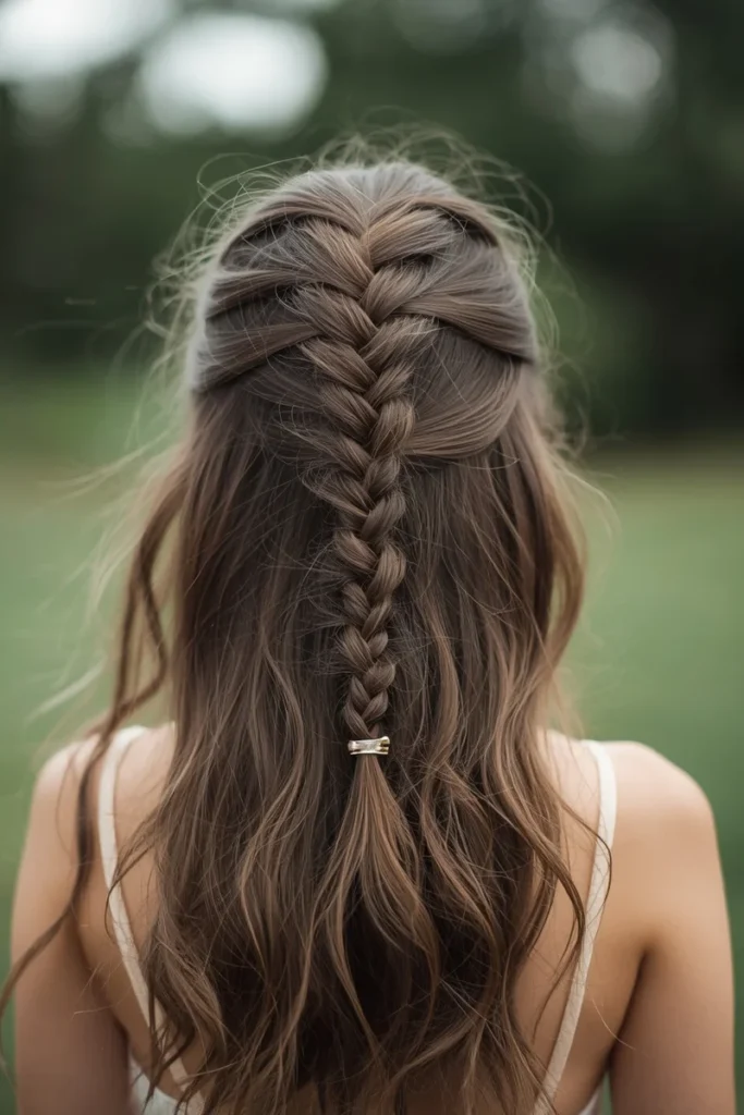 Half-up French braid with loose wavy hair left down underneath