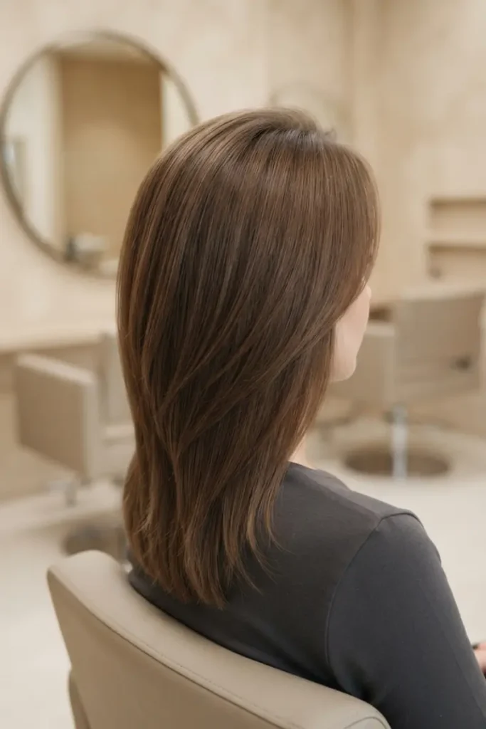 Woman with blended elevation layered haircut showing soft root lift and smooth downward blend, salon background