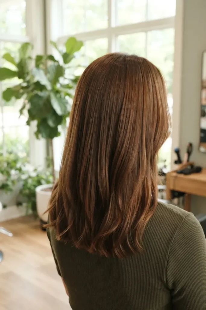 Woman with sliding cut hairstyle showing smooth one-length movement, bright airy salon with plant