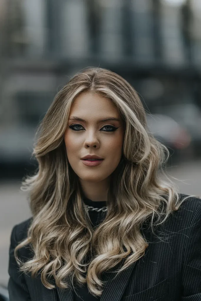 Woman with face-framing money piece haircut and caramel highlights, layers cascading to chest length