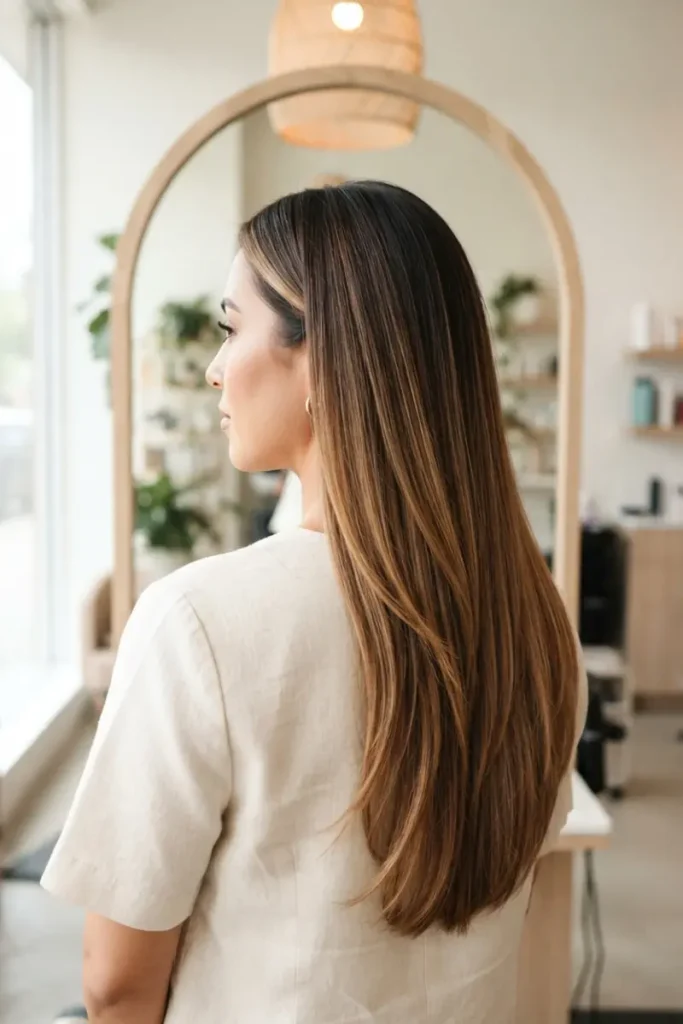Woman with long gently graduated layered haircut showing smooth balayage color gradient, arched salon mirror