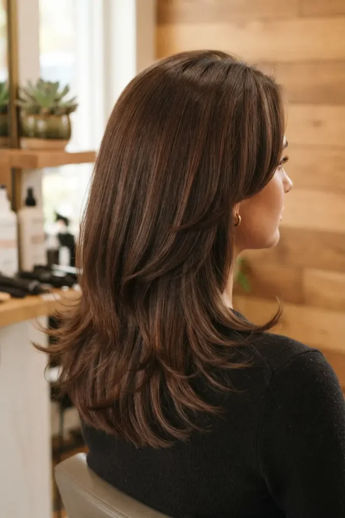 Woman with feathered-ends layered haircut showing wispy tips and voluminous roots, cozy wood-paneled salon
