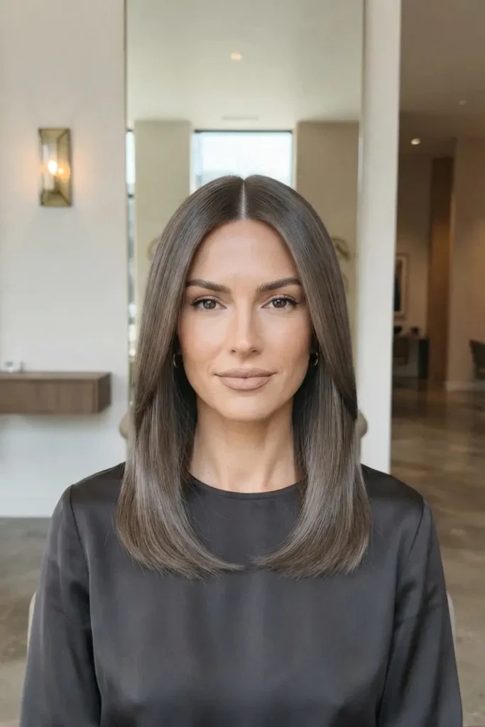 Woman with center-part symmetrical layered haircut, sleek glossy ash brown finish