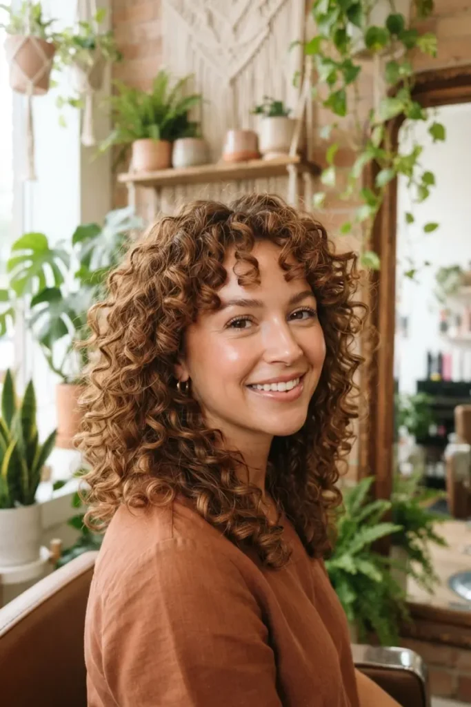 Woman with defined spiral curls and diffusing layers creating rounded balanced silhouette, plant-filled salon