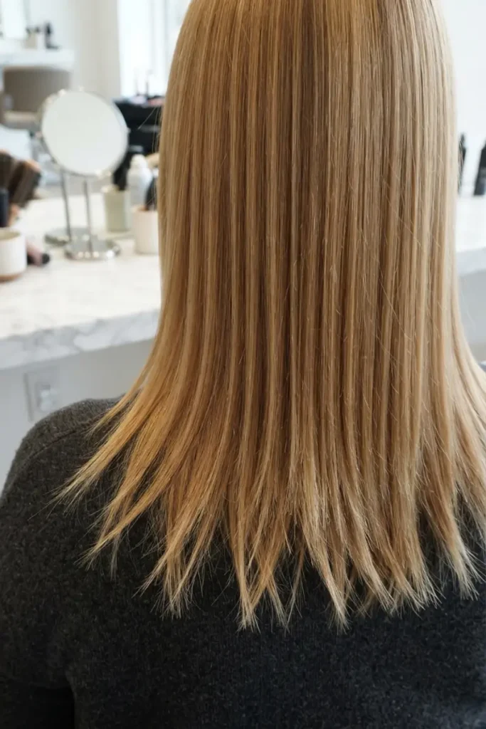 Woman with point-cut choppy layered ends showing jagged textured tips, honey blonde hair