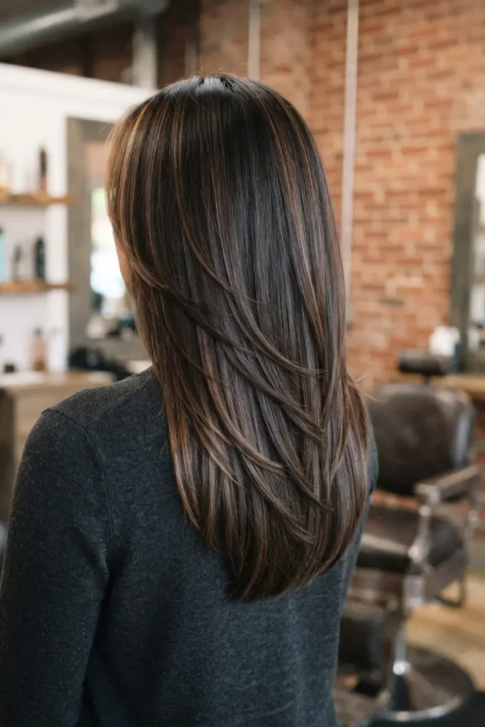Woman with long-over-short cascading layered haircut showing waterfall layer progression, espresso brown with caramel balayage