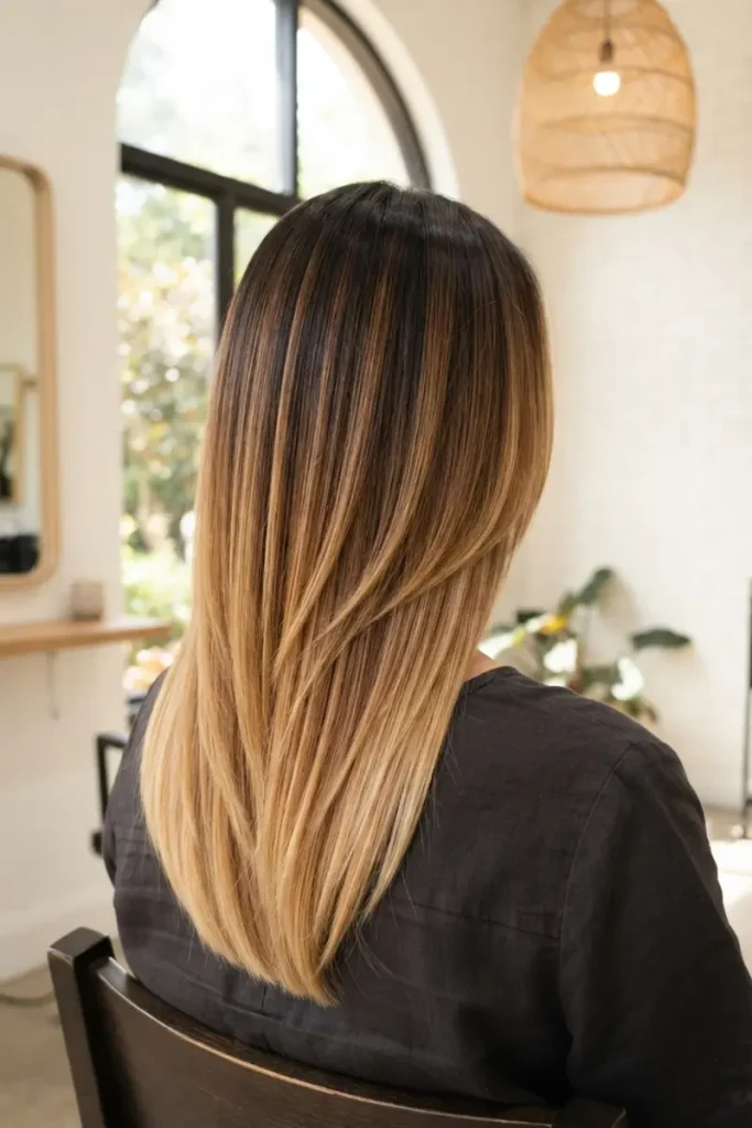 Woman with graduated layered haircut showing ombré color transition from dark roots to golden blonde ends