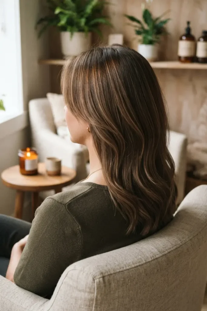Woman with low-maintenance layered haircut showing subtle natural highlights, cozy home-style salon lounge