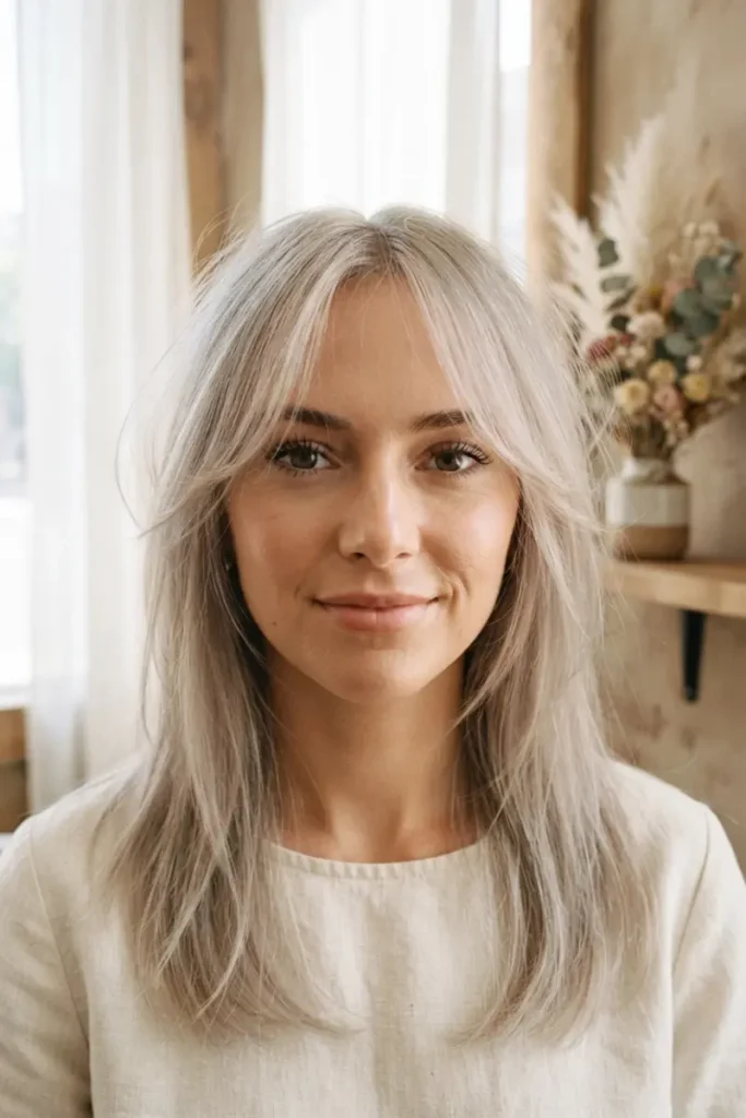 Woman with wispy layered haircut framing face, fine light ash blonde hair texture