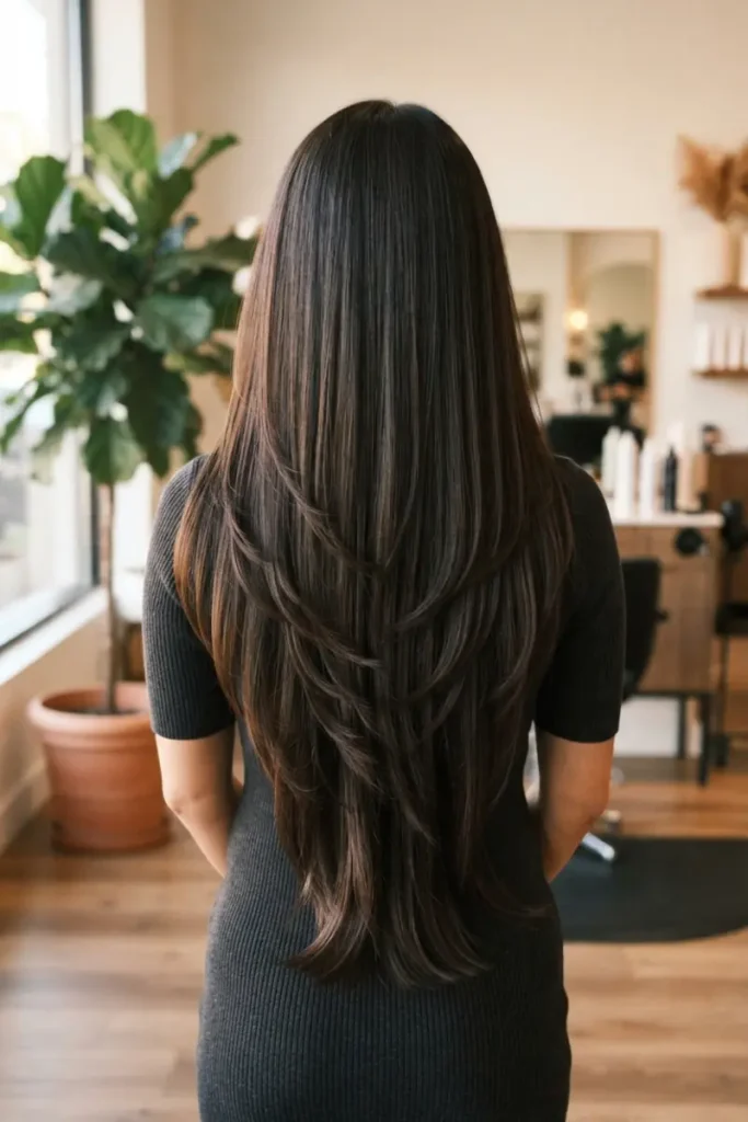 Woman with extra-long multi-tiered layered haircut showing distinct tier separation, dark brunette hair