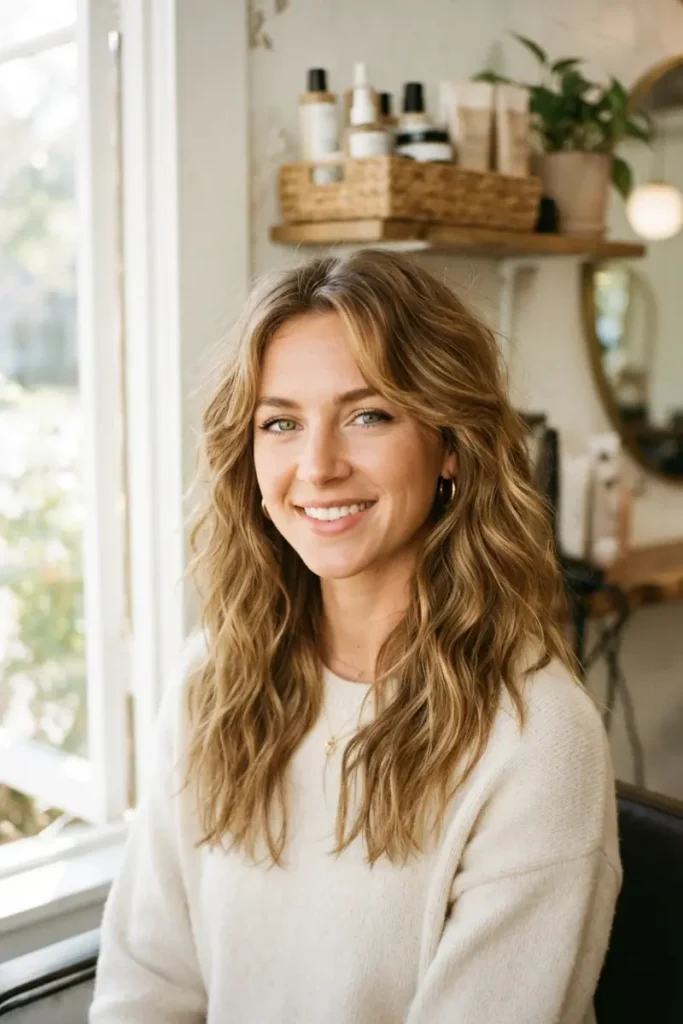 Woman with tousled air-dry-friendly layered haircut showing natural wave texture and undone movement
