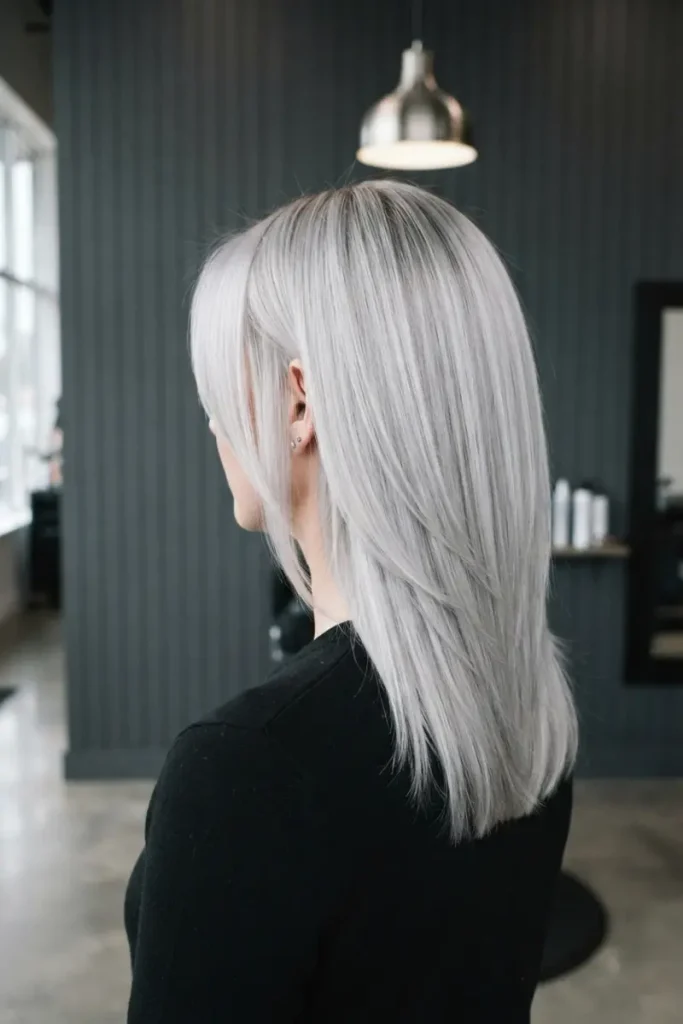 Woman with dimension-preserving layered haircut showing cool platinum blonde tones and depth