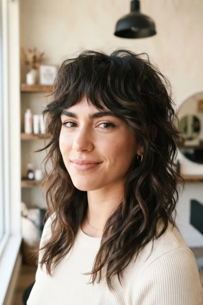 Woman with textured wolf cut showing shaggy voluminous layers and dark brunette highlights