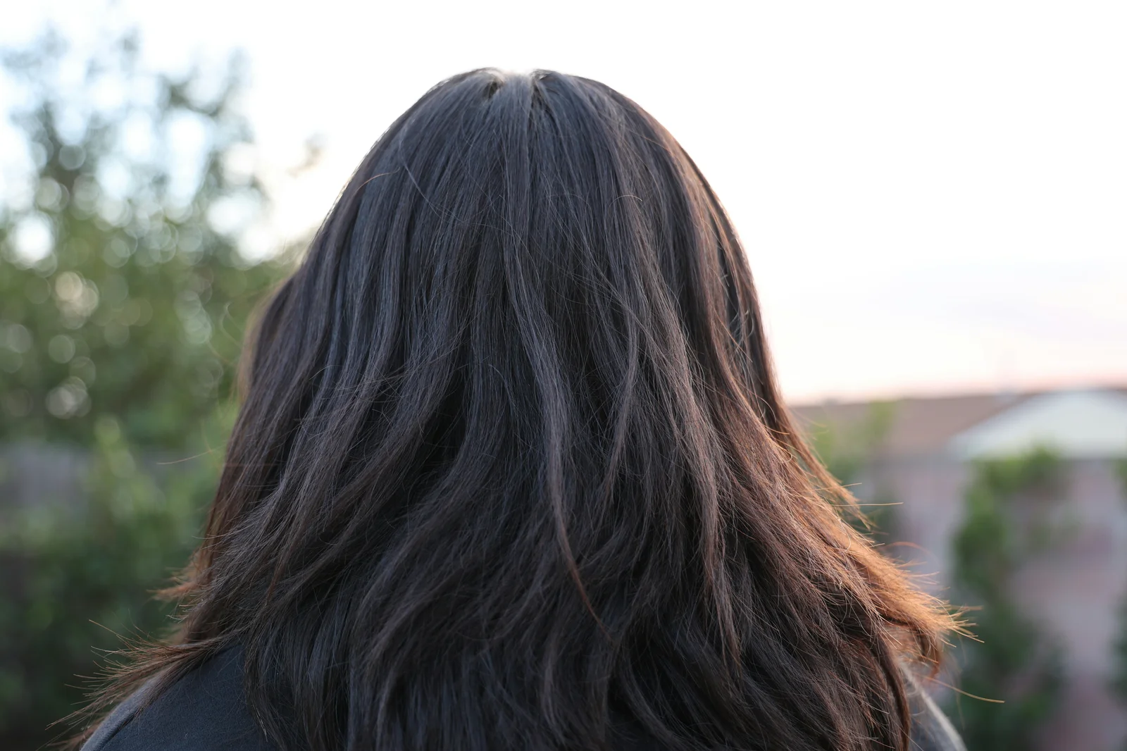 Layered haircut with natural movement and volume, back view
