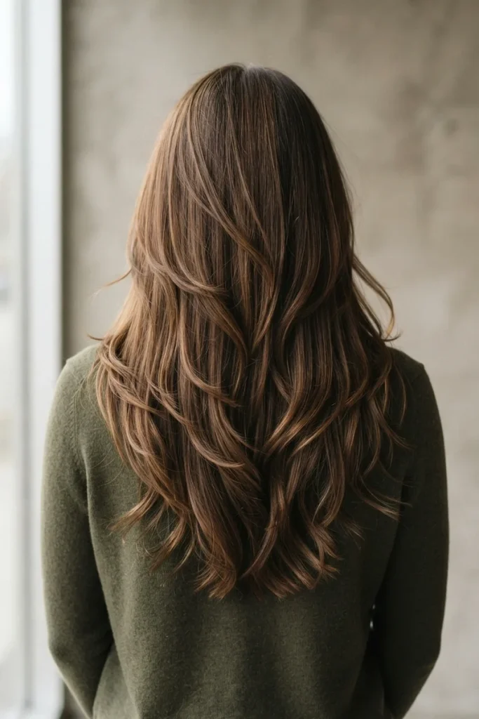 Long layered haircut with visible movement and dimension past the collarbone, back view
