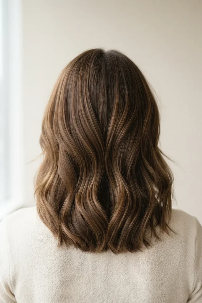 Medium-length layered hair with soft waves and natural movement, back view
