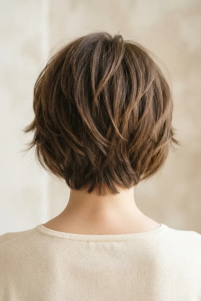 Short layered haircut at chin-length with volume and feathered ends, back view