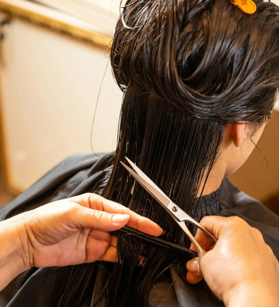 Hairstylist cutting wet hair with scissors, close-up technique shot