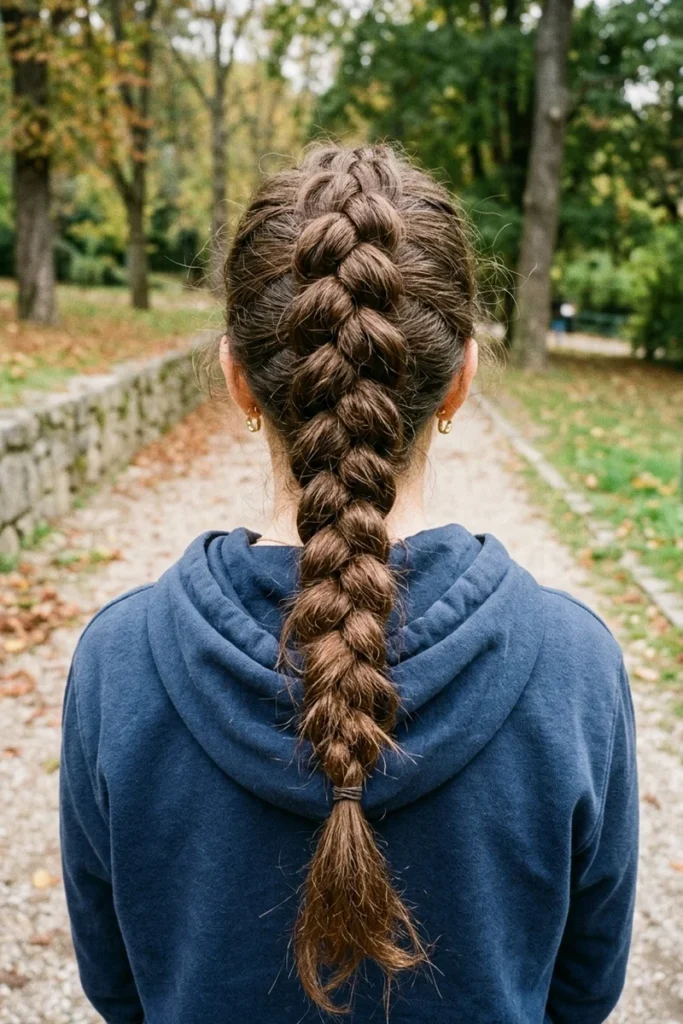 Dutch braid, also known as a reverse French braid, with a raised rope-like texture