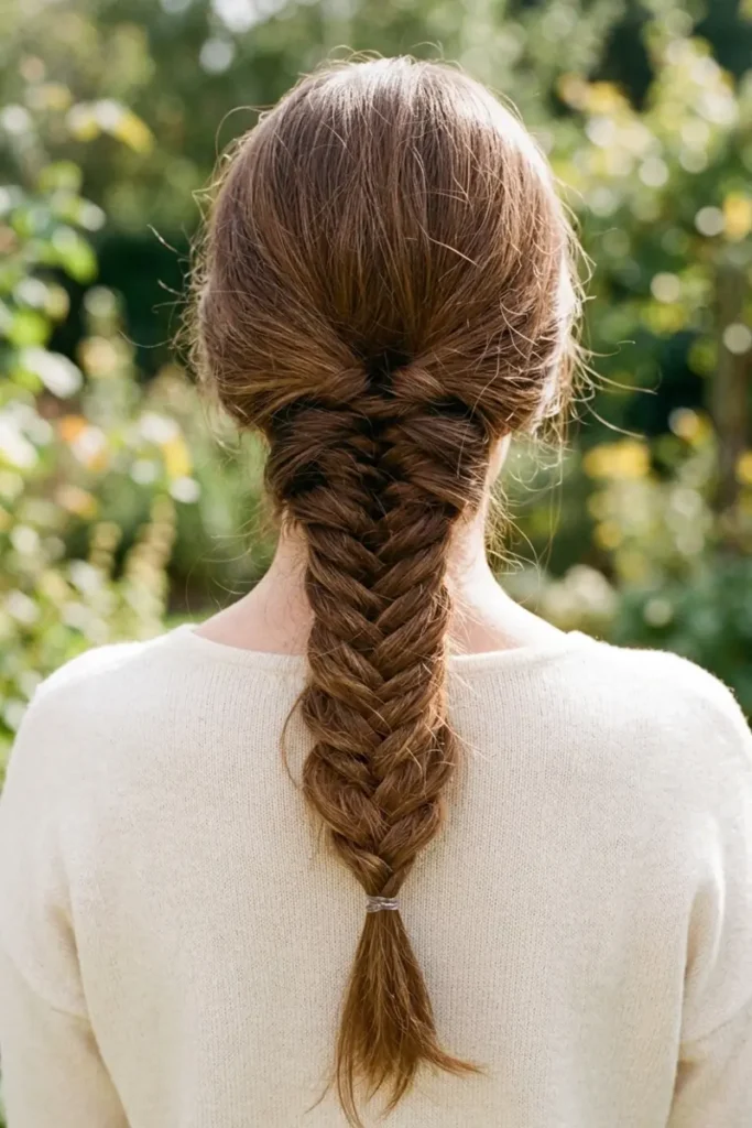 Classic loose fishtail braid with soft pulled-apart texture, outdoor natural light