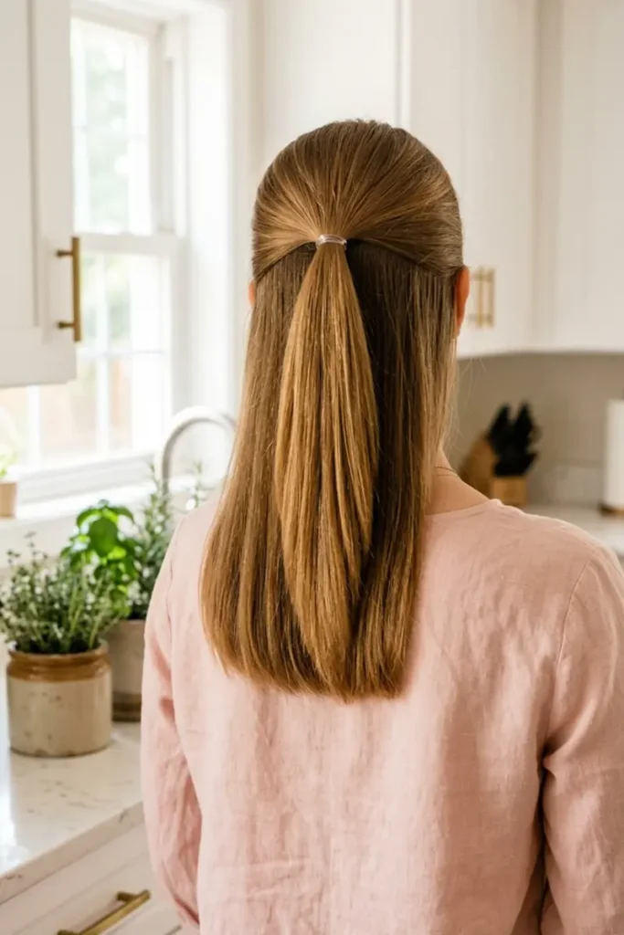 Classic half-up ponytail with elastic securing top section, loose straight hair below