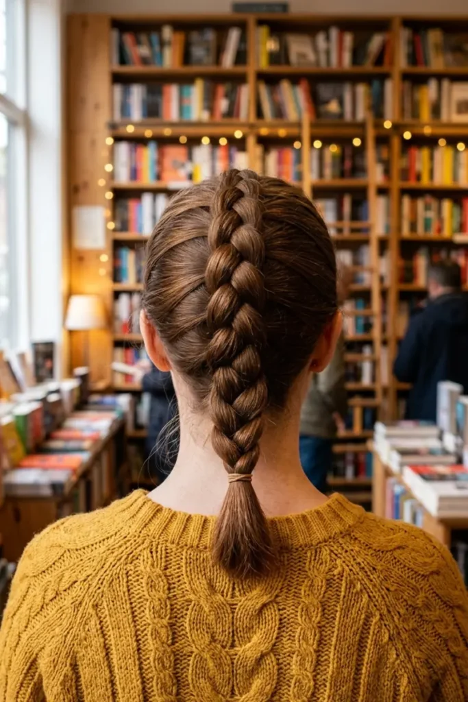 Raised centered Dutch braid with defined ridge texture, bookstore background