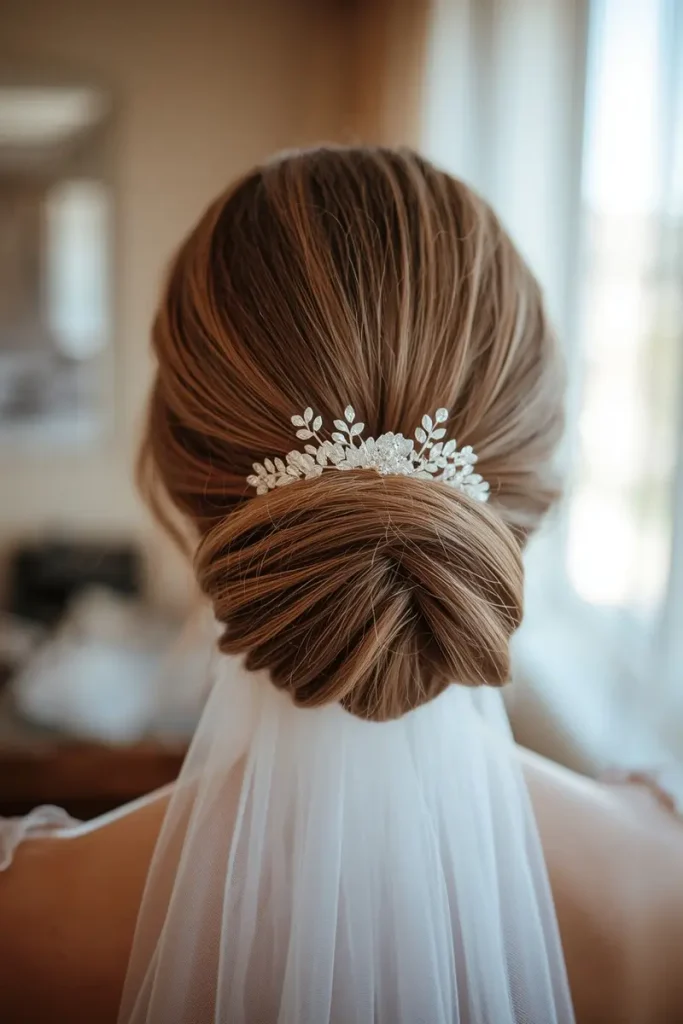 "Veil-engineered low chignon bun hairstyle with pearl comb inserted at the base, veil flowing from beneath the twisted coil"