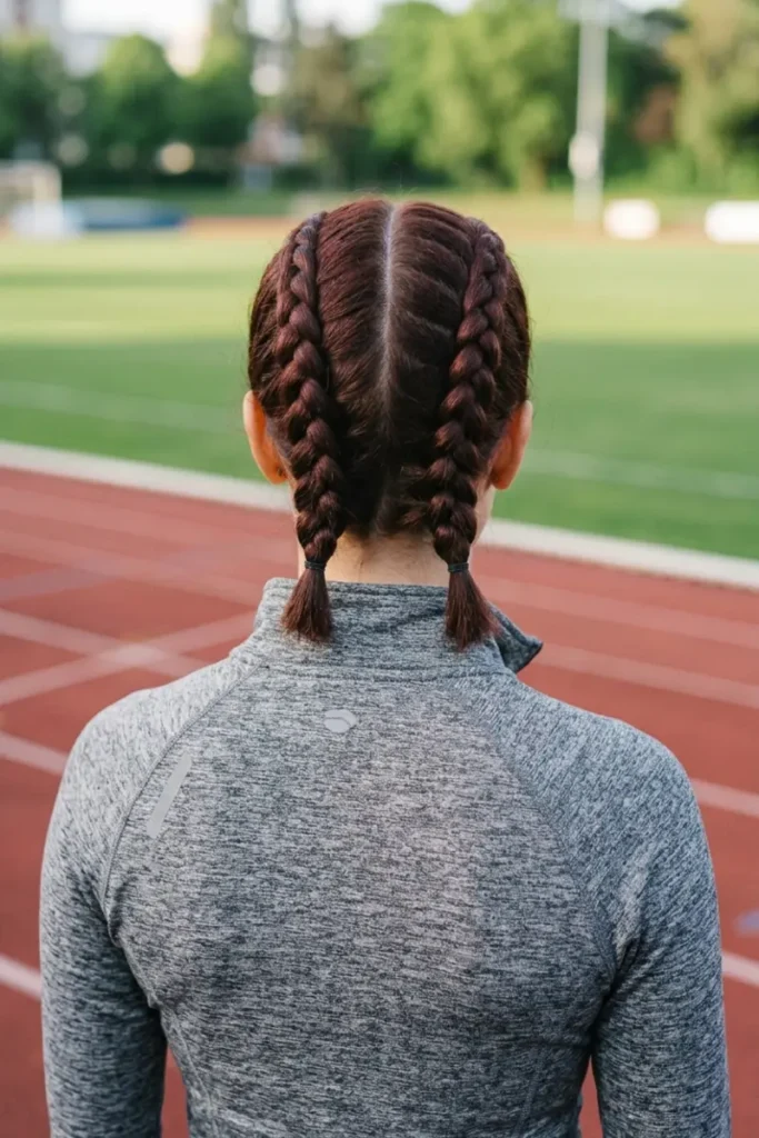 Symmetric double Dutch boxer braids, tight scalp-close finish, running track background