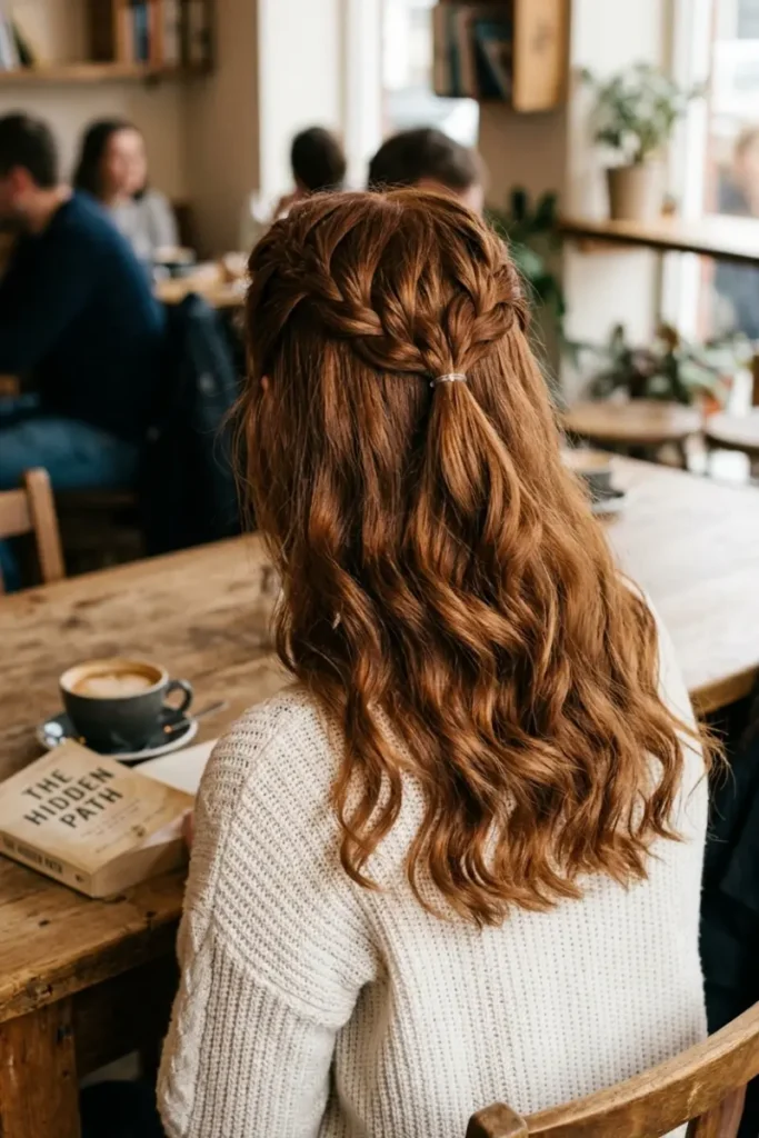 Braided half-up hairstyle with French braid securing top section, loose waves below