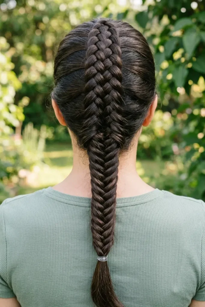 Dutch fishtail braid with raised, dimensional underneath-cross texture