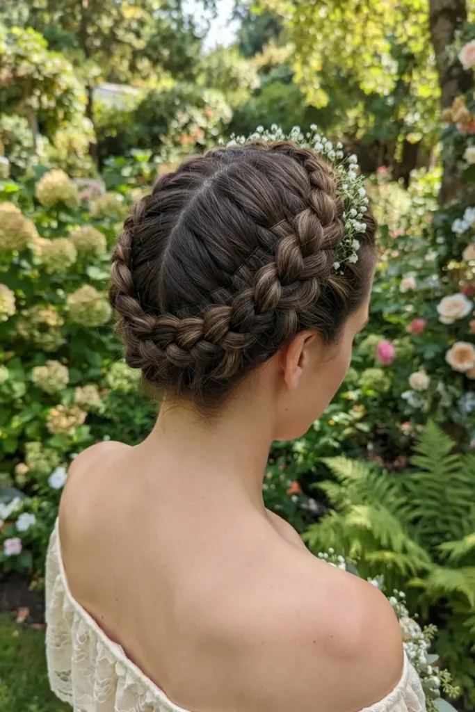 Twelve-hour braided crown hairstyle wrapping fully around the head, pinned flat for all-day hold, garden wedding background