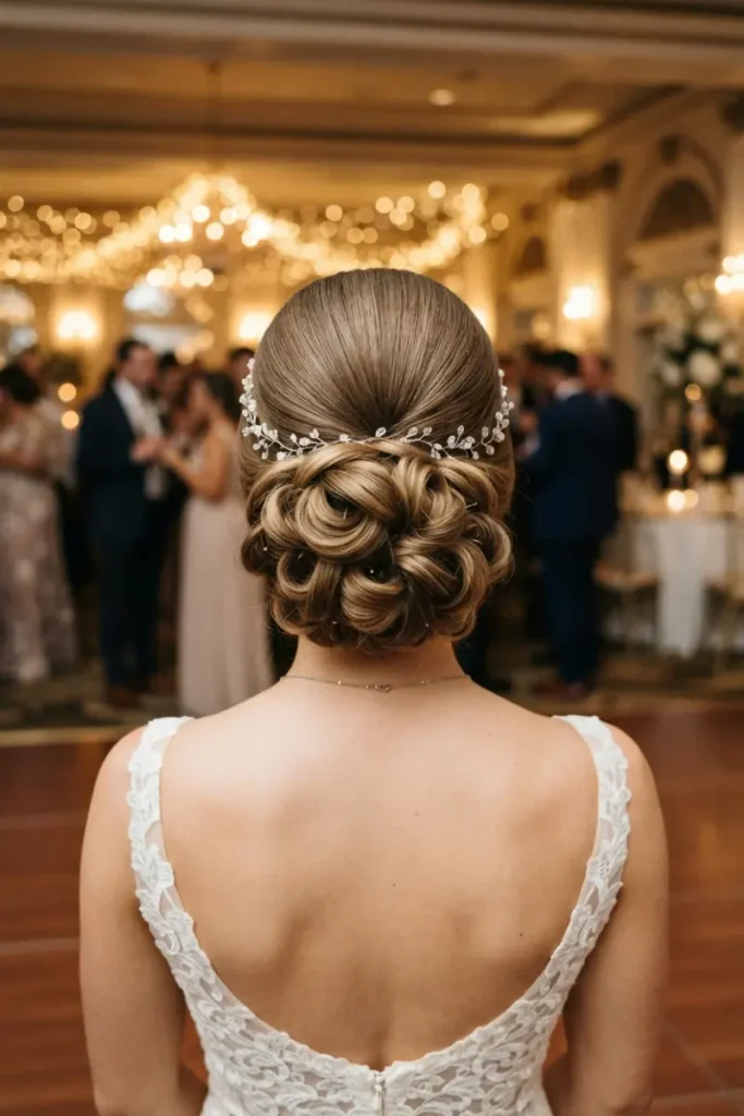Convertible ceremony-to-reception updo with a smooth pinned top and larger, distinct loose coils near the nape for easy release