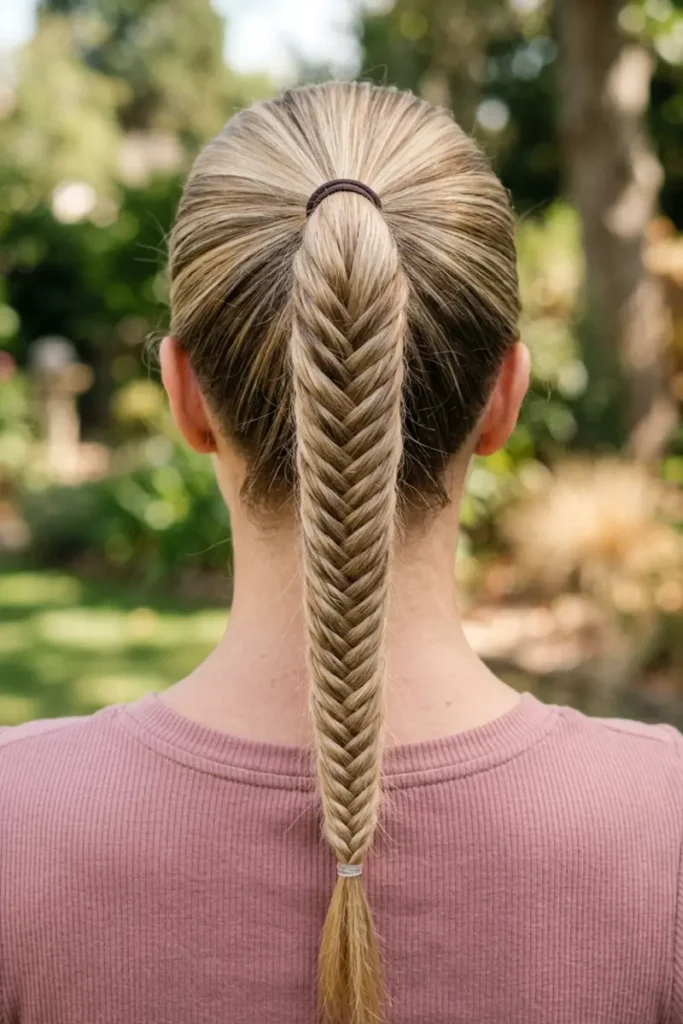 Fishtail braid worked into a high ponytail with visible elastic base