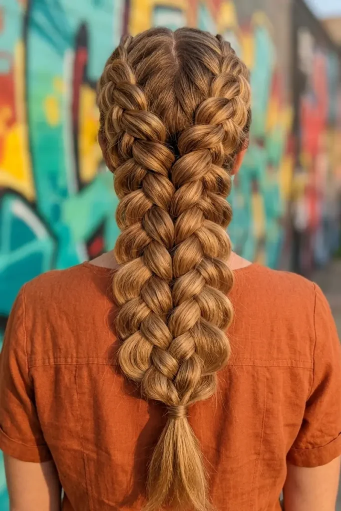 Wide pancaked Dutch braid with full voluminous stitches, mural wall background
