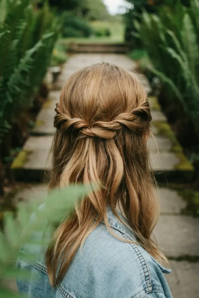 Twisted half-up hairstyle with two twisted sections pinned at crown, botanical garden background
