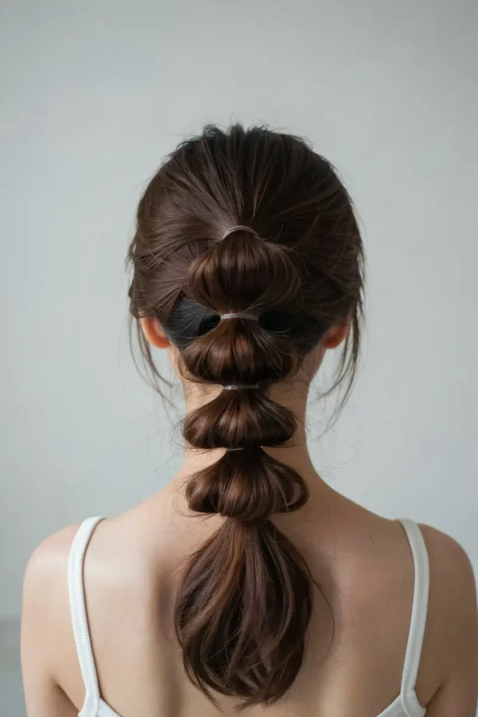 Bubble half-up ponytail with rounded sections, loose hair flowing below