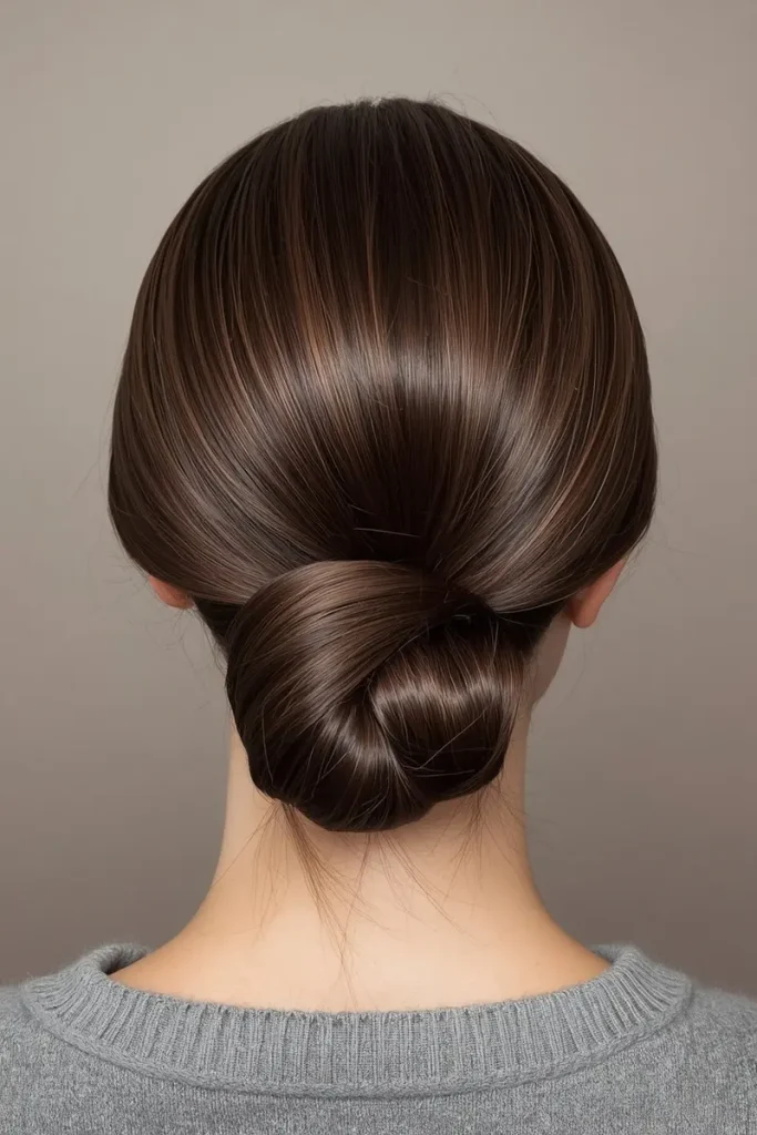 Camera-first sleek low twist bun hairstyle with glass-smooth, glossy finish and symmetrical shape