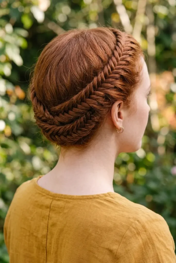 Fishtail crown braid wrapped tightly around the hairline in a halo shape