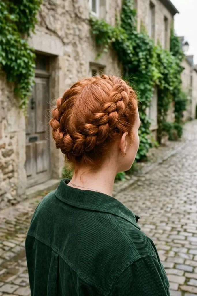 Full Dutch braid crown with seamless closure, cobblestone street background