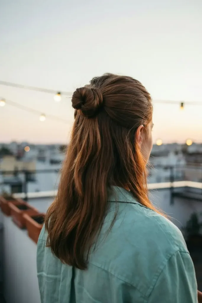 Half-up bun with compact silhouette, loose hair falling below, rooftop terrace background