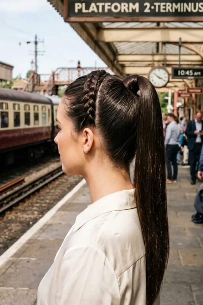Raised Dutch braid gathered into sleek high ponytail, train platform background
