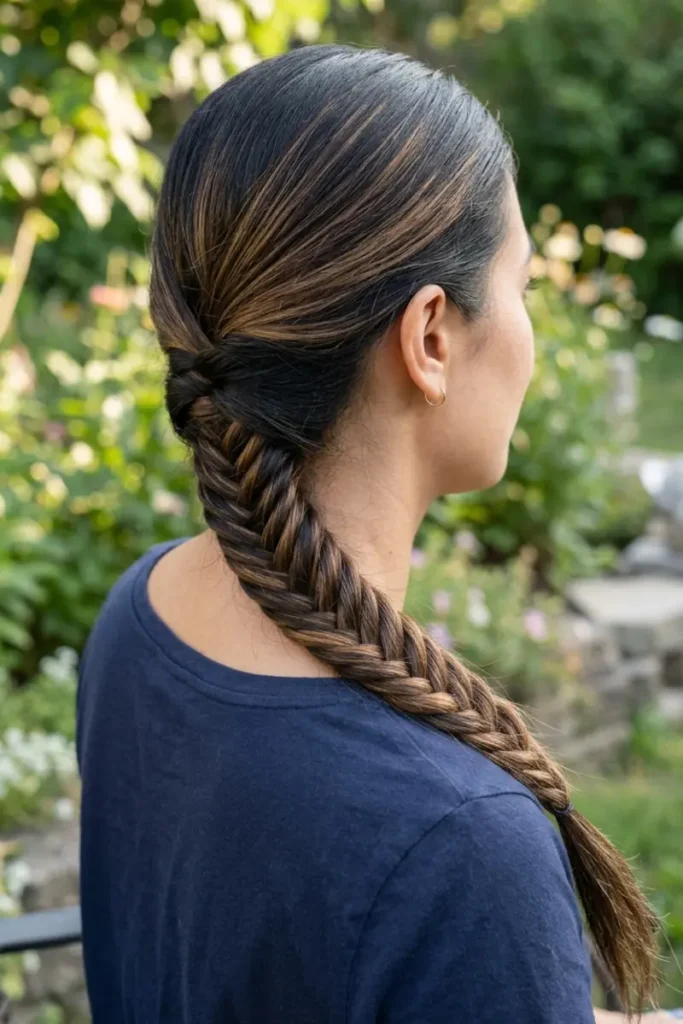 Side fishtail braid angled from the nape across one shoulder