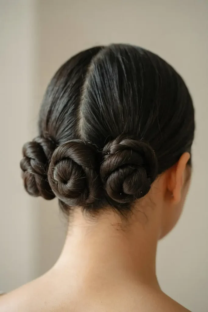 Trial-to-wedding-day reproducible updo made of three simple twisted rope coils, no fine braiding, plain neutral background